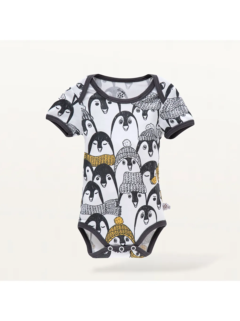 Pingu 2'li Bebek Zıbın Kısa Kollu %100 Organik Pamuk Penye Baskılı Beyaz-Antrasit-6