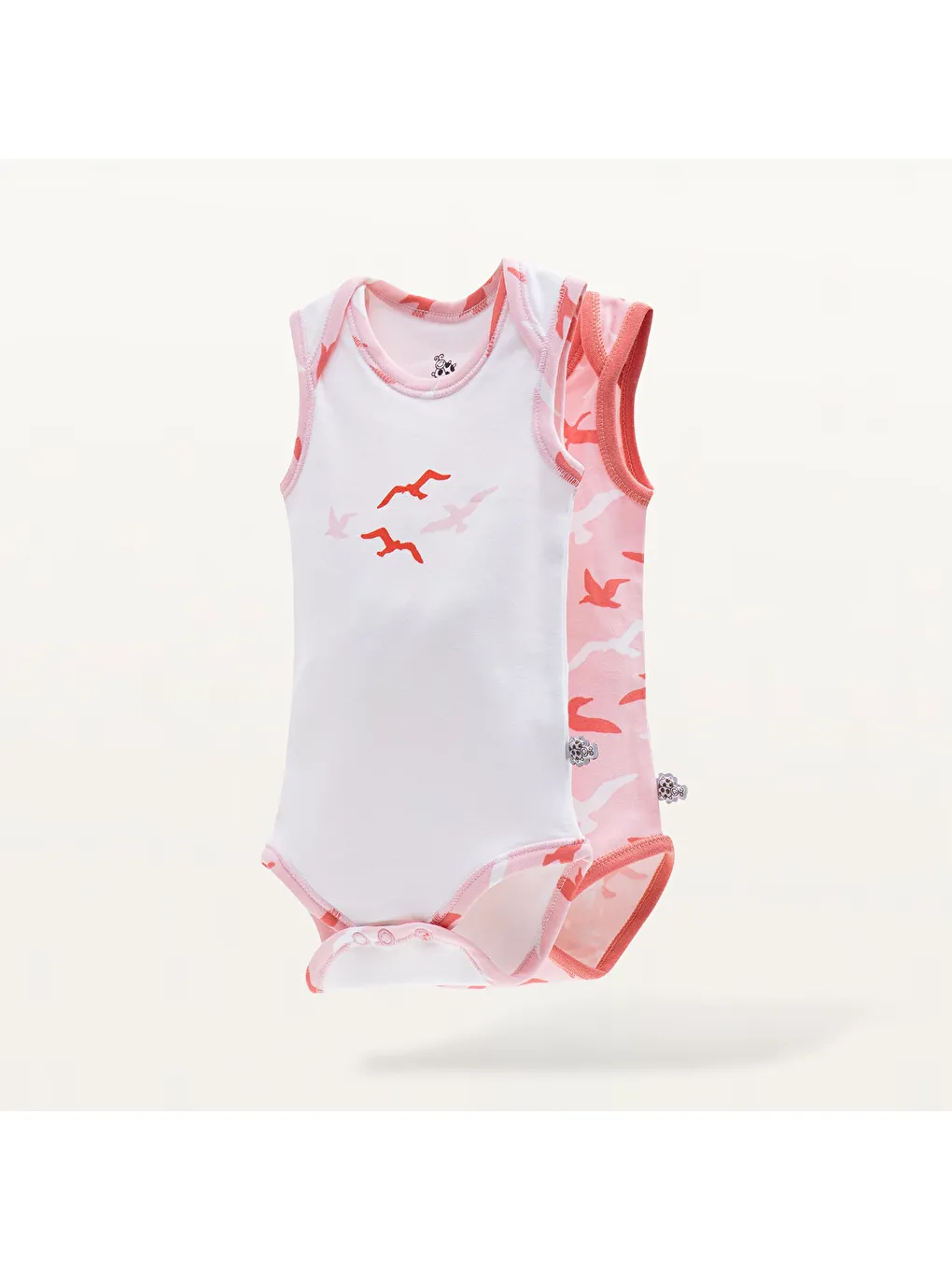 Pembe Turna 2'li Kız Bebek Zıbın Kolsuz %100 Organik Pamuk Penye Baskılı Beyaz-Somon