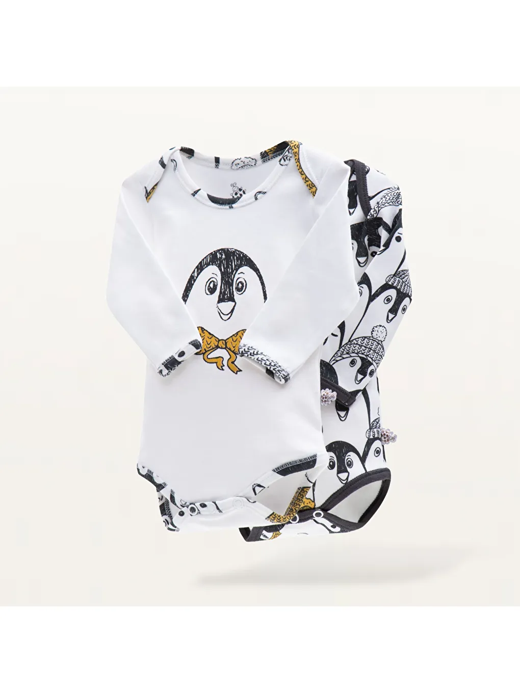 Pingu 2'li Bebek Zıbın Uzun Kollu %100 Organik Pamuk Penye Baskılı Beyaz-Antrasit