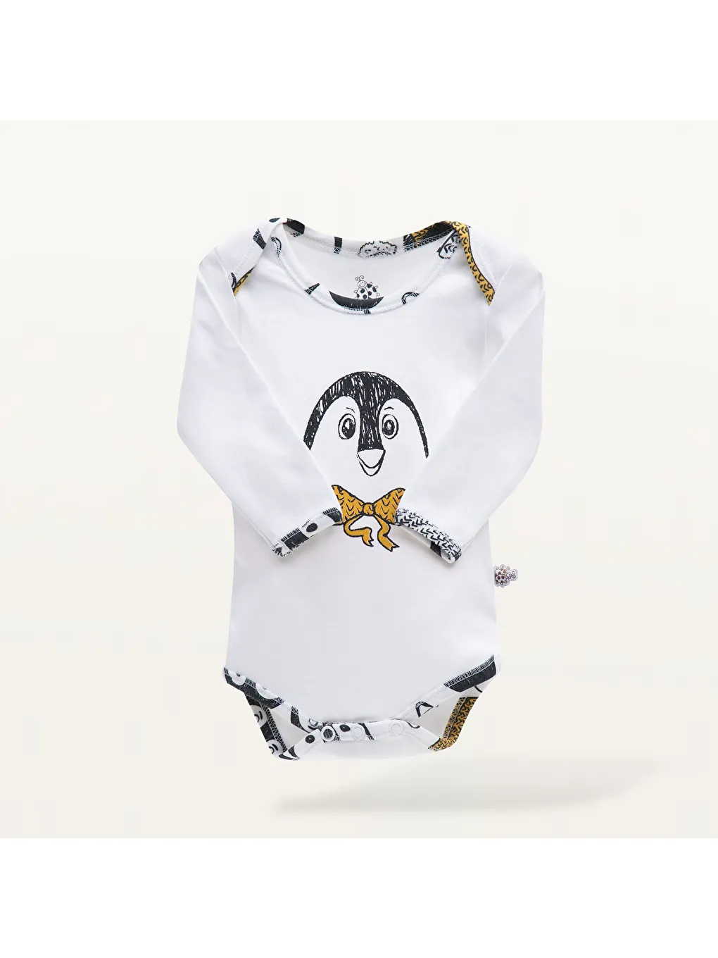 Pingu 2'li Bebek Zıbın Uzun Kollu %100 Organik Pamuk Penye Baskılı Beyaz-Antrasit-2