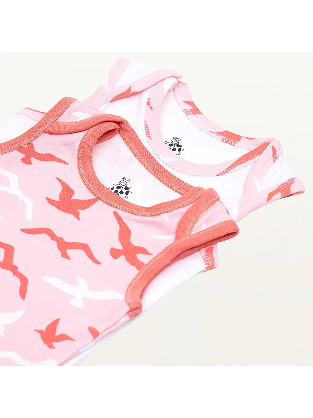 Pembe Turna 2'li Kız Bebek Zıbın Kolsuz %100 Organik Pamuk Penye Baskılı Beyaz-Somon-5