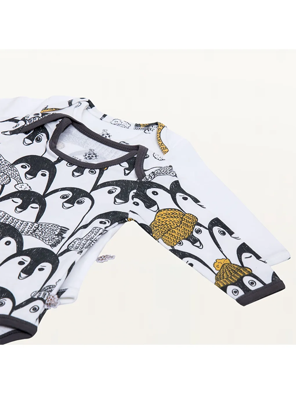 Pingu 2'li Bebek Zıbın Uzun Kollu %100 Organik Pamuk Penye Baskılı Beyaz-Antrasit-8