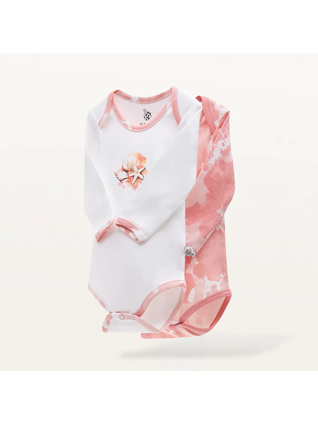 Pembe Rosa 2'li Kız Bebek Zıbın Uzun Kollu %100 Organik Pamuk Penye Baskılı Beyaz-Somon