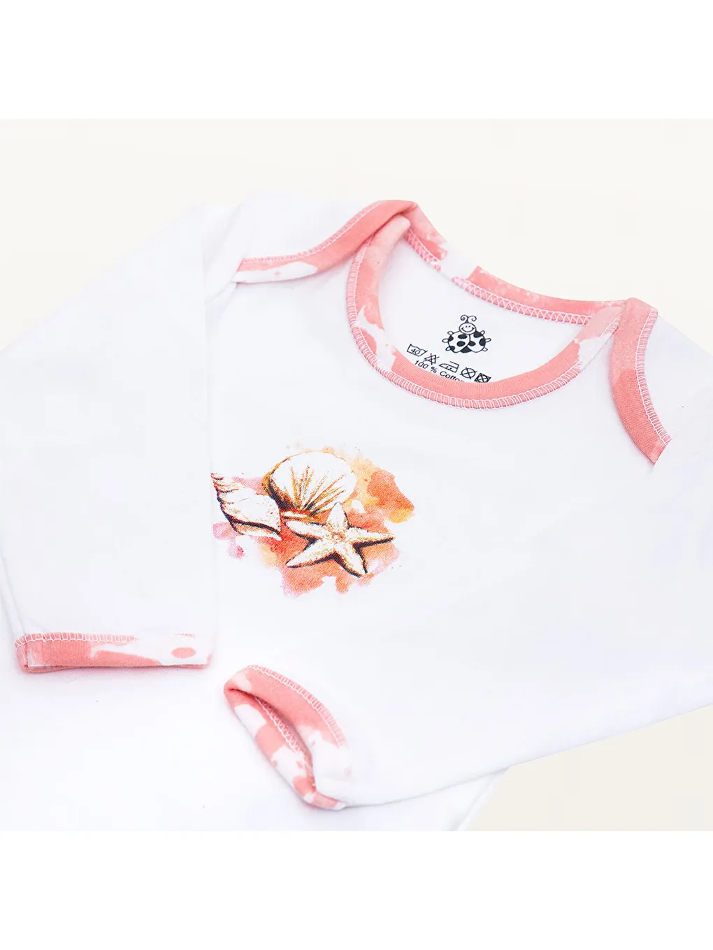 Pembe Rosa 2'li Kız Bebek Zıbın Uzun Kollu %100 Organik Pamuk Penye Baskılı Beyaz-Somon-5