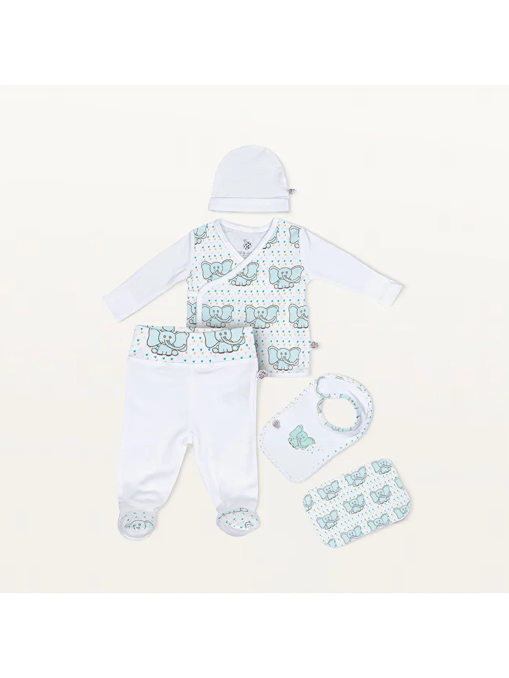 Borneo 5'li Hastane Çıkışı Zıbın Seti %100 Organik Pamuk Yeni Doğan  0-3 Ay Beyaz