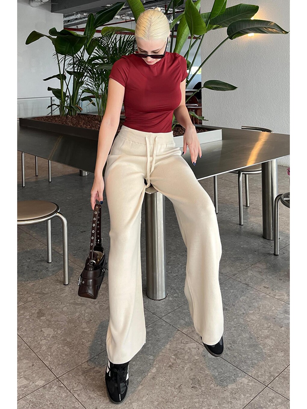 Bej Beli Ayarlanabilir Geniş Paça Pantolon Mg2089-1