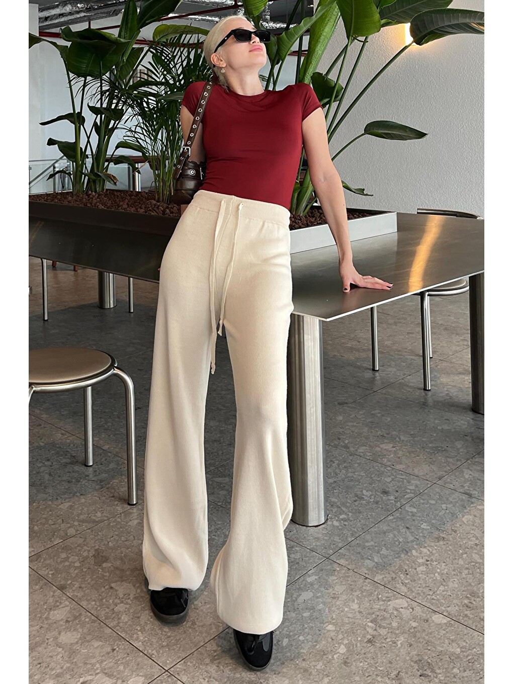Bej Beli Ayarlanabilir Geniş Paça Pantolon Mg2089-3