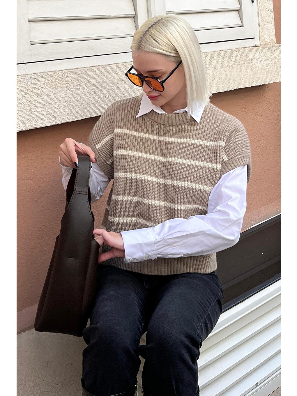 Bej Vizon Çizgili Triko Süveter Mg2159-1