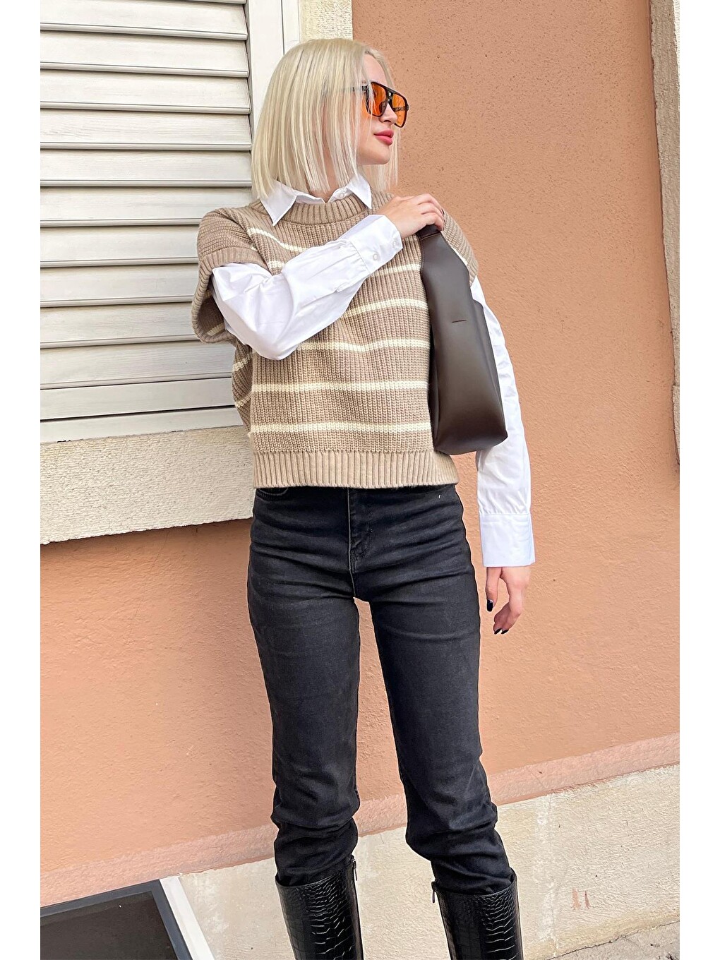 Bej Vizon Çizgili Triko Süveter Mg2159-5
