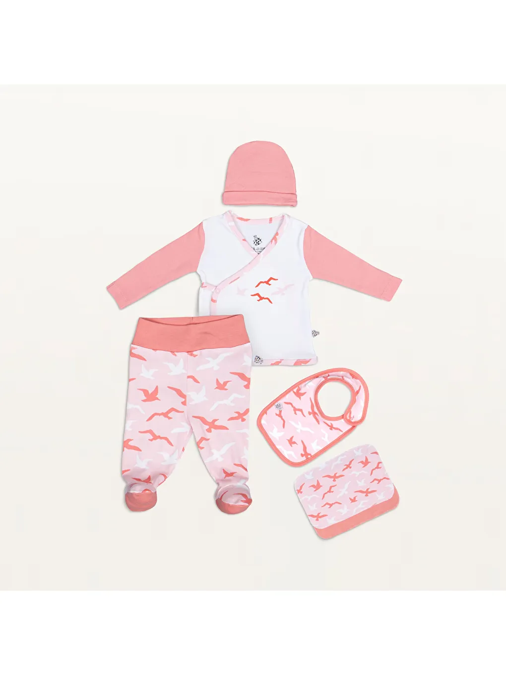 Pembe Turna Kız Bebek 5'li Hastane Çıkışı Zıbın Seti %100 Organik Pamuk Yeni Doğan Somon 0-3 Ay