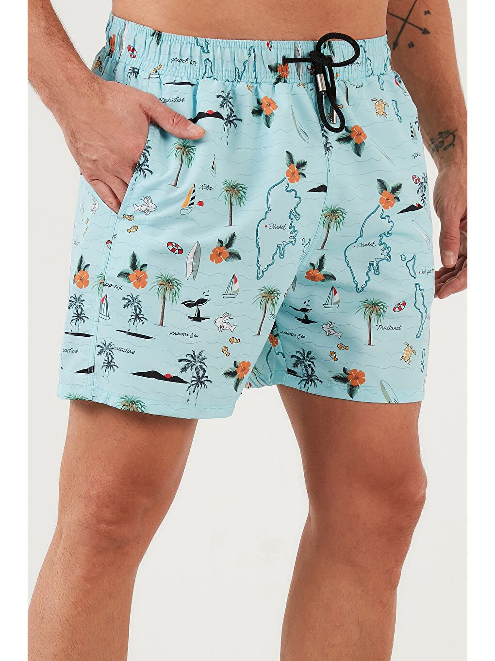 Turkuaz Desenli Deniz Şortu Belden Bağlamalı Cepli Erkek Mayo Short 3800558-5