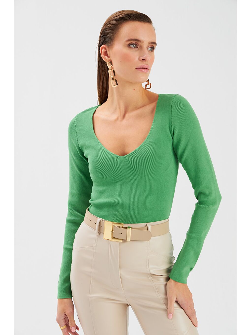 V Yaka Crop Triko - Yeşil