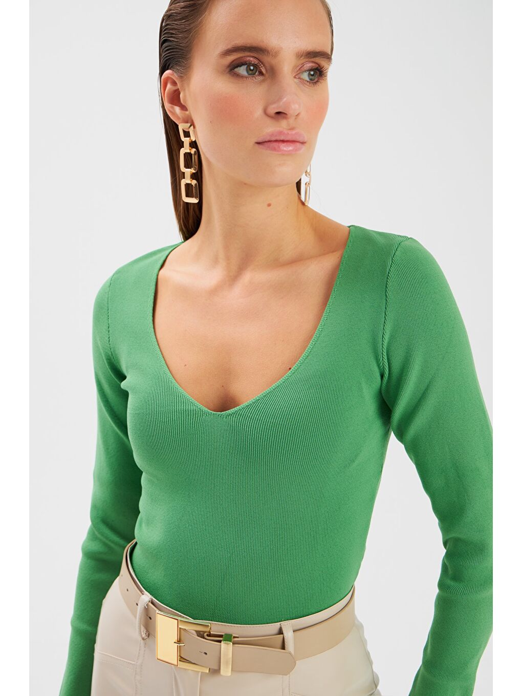 V Yaka Crop Triko - Yeşil-2