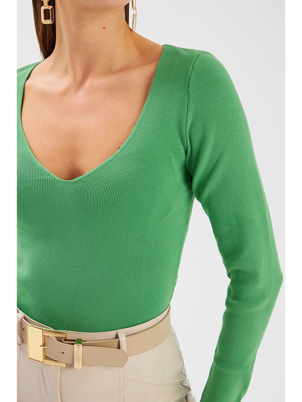 V Yaka Crop Triko - Yeşil-3