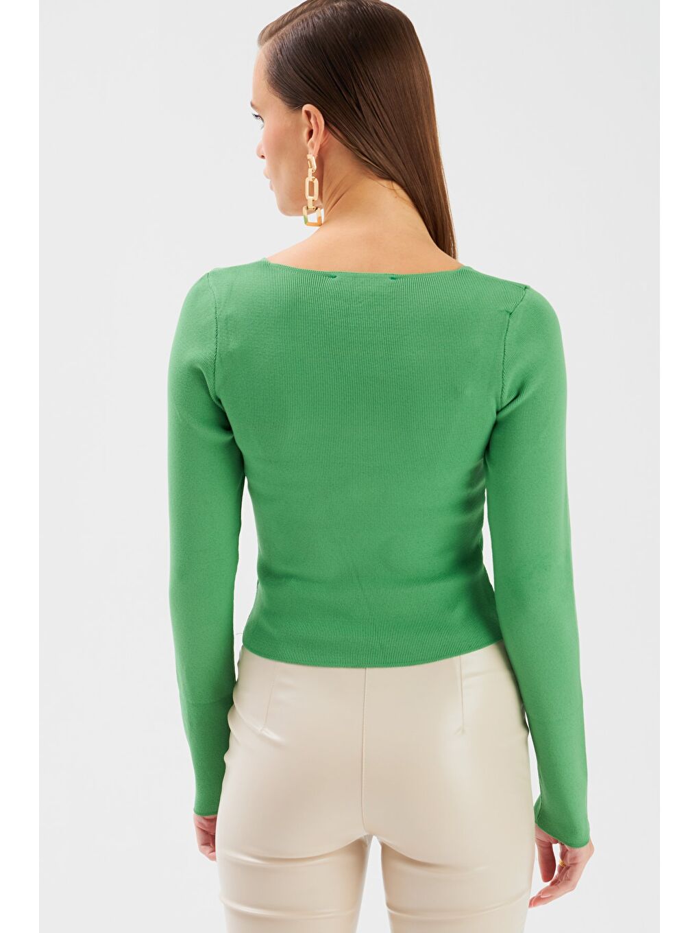 V Yaka Crop Triko - Yeşil-4