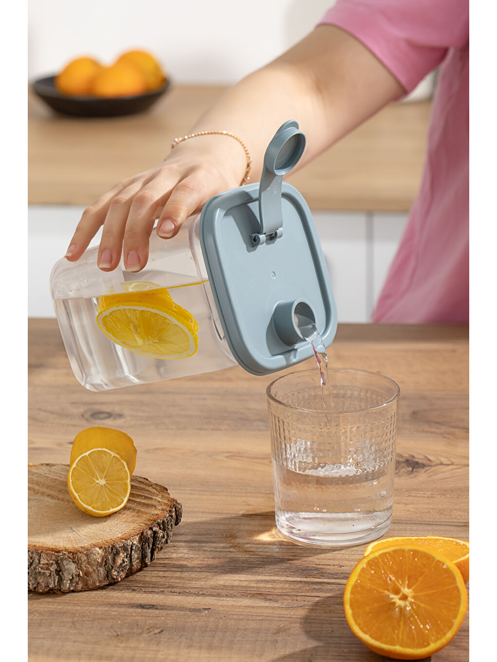 Gri 06-1108 Sızdırmaz Kapaklı Detoks Sürahi-matara & Limonluk -Şerbetlik -Şeffaf 1 L-mavi-1