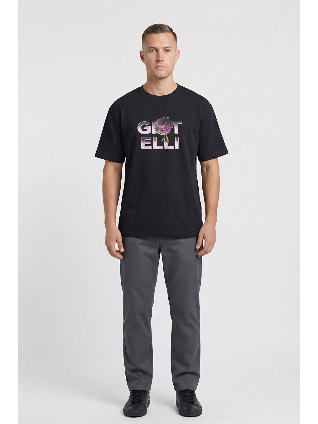 Giotelli Erkek Siyah Geniş Kesim Oversize Fit %100 Pamuk Baskılı Bisiklet Yaka Tişört-1