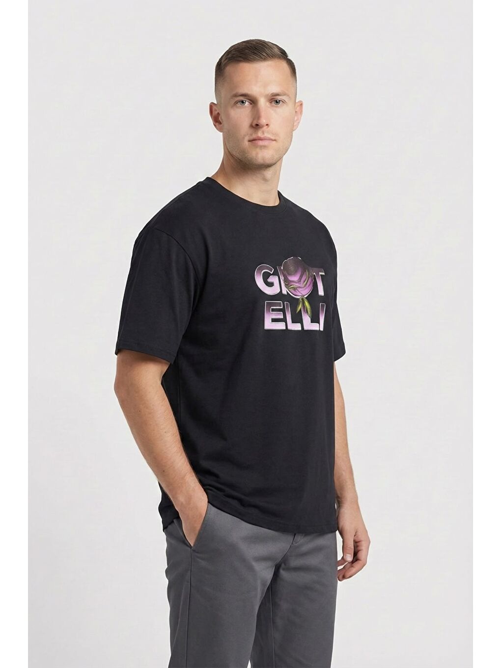 Giotelli Erkek Siyah Geniş Kesim Oversize Fit %100 Pamuk Baskılı Bisiklet Yaka Tişört-2