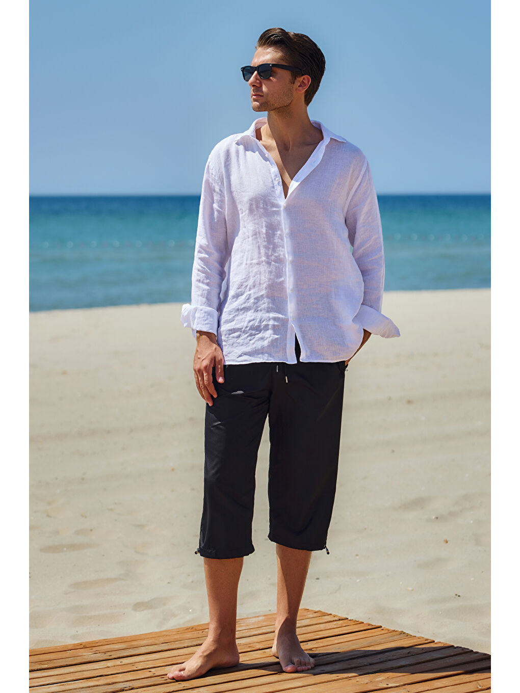 Erkek Havuz Deniz Uzun Kapri Şort Mayo RKS-01 Siyah