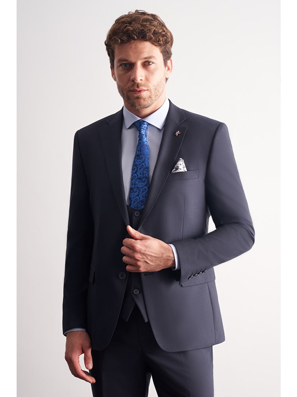 Lacivert Mono Yaka Yelekli 6 Drop Slim Fit Takım Elbise 1001260186-3