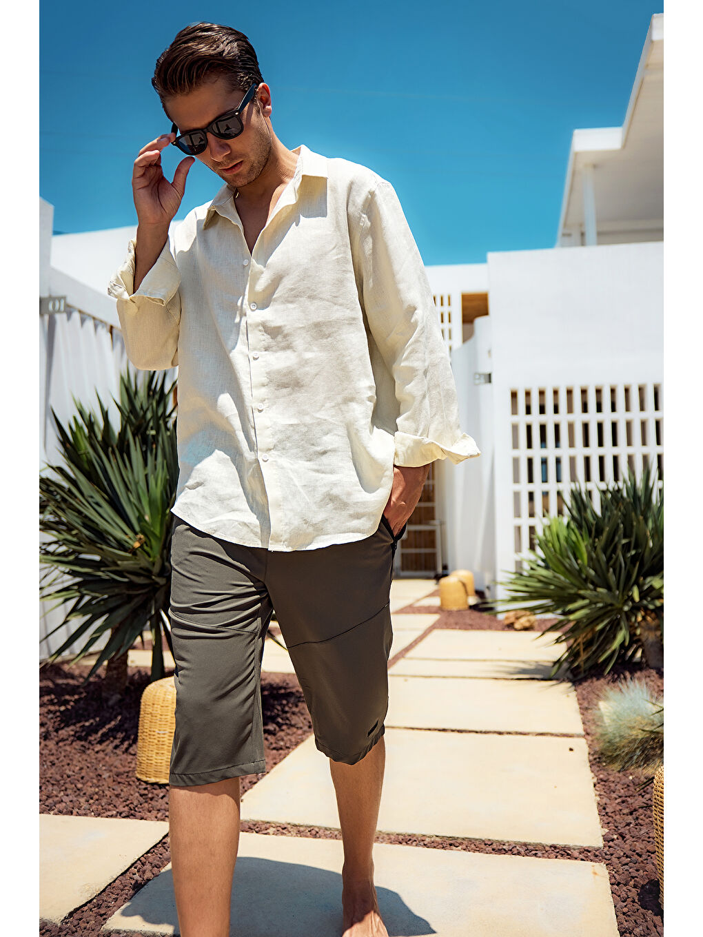 Erkek Havuz Deniz Uzun Kapri Şort Mayo RKS-02 Haki-1