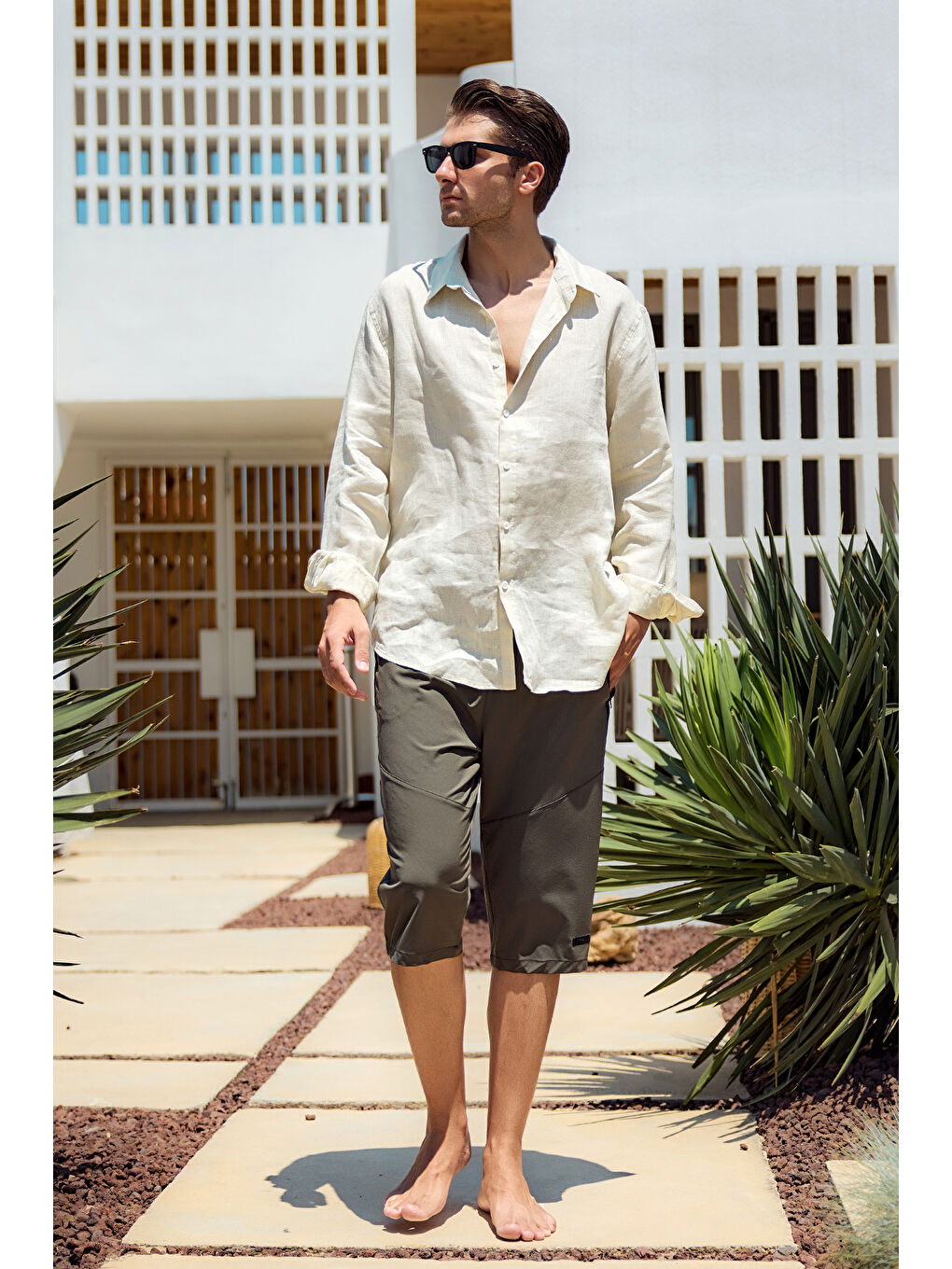 Erkek Havuz Deniz Uzun Kapri Şort Mayo RKS-02 Haki-2