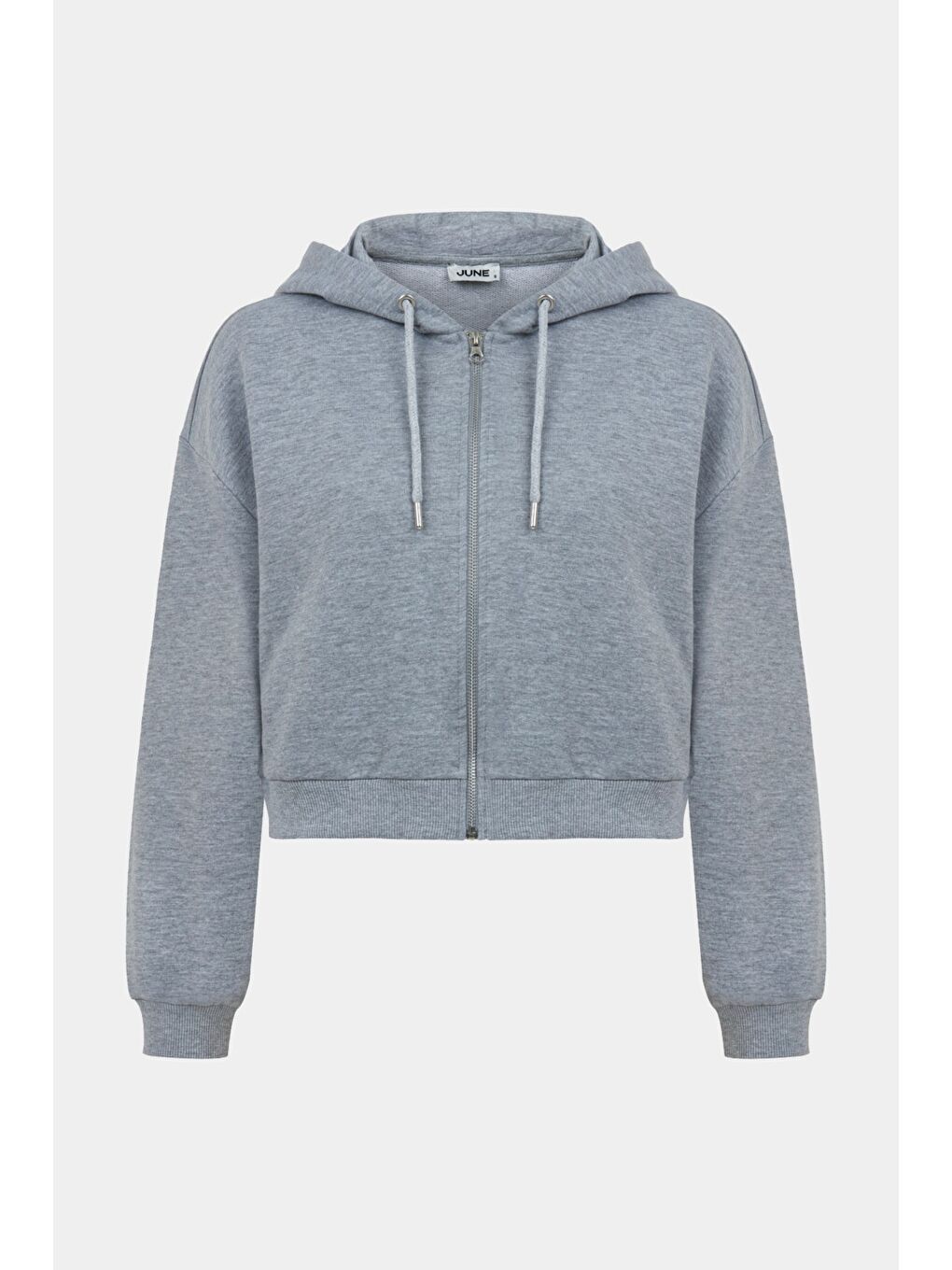 Gri Kadın 100 Pamuk Kapüşonlu Fermuarlı Sweatshirt