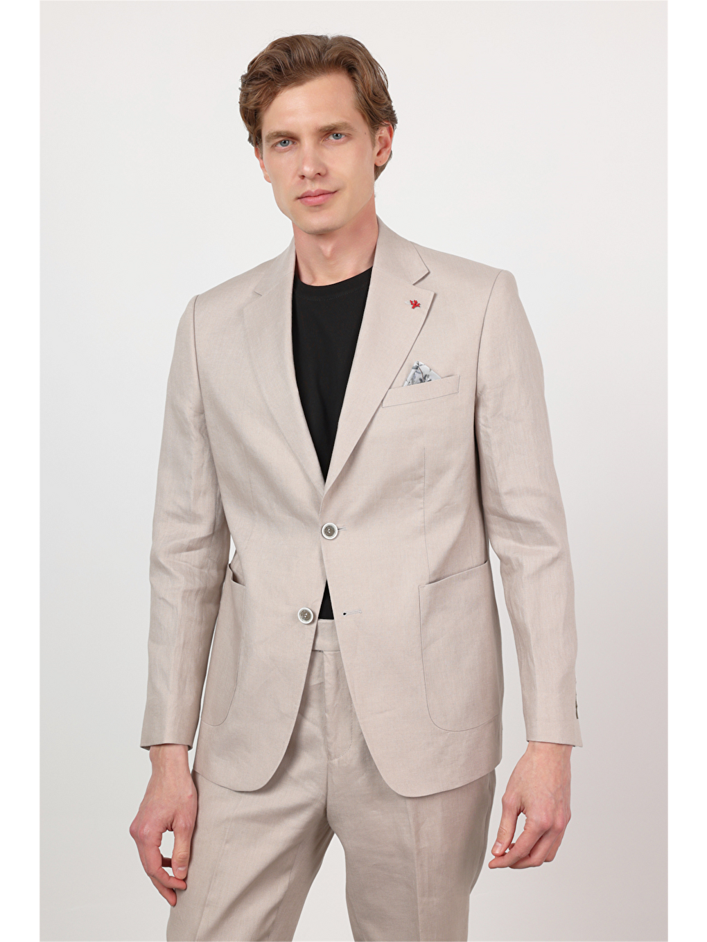 Bej Düz Desen Keten Mono Yaka 6 Drop Slim Fit %100 Keten Takım Elbise 1001260164-3