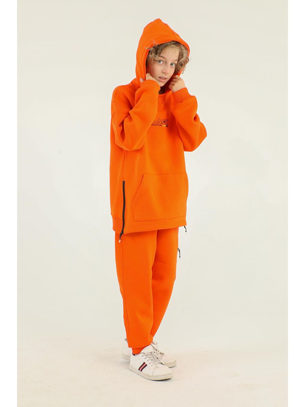 Turuncu Kapüşonlu Kargo Cepli Yan Fermuar Detaylı Kalın Erkek Çocuk Eşofman Takımı-1
