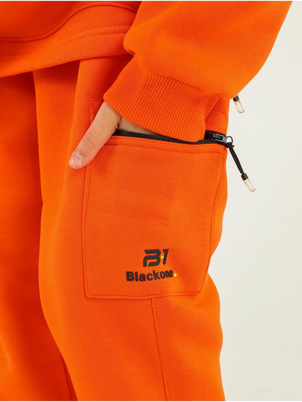 Turuncu Kapüşonlu Kargo Cepli Yan Fermuar Detaylı Kalın Erkek Çocuk Eşofman Takımı-3