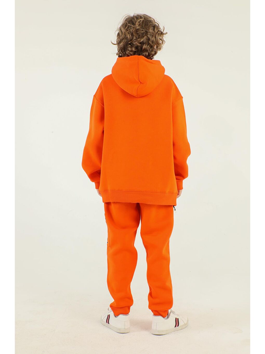 Turuncu Kapüşonlu Kargo Cepli Yan Fermuar Detaylı Kalın Erkek Çocuk Eşofman Takımı-4