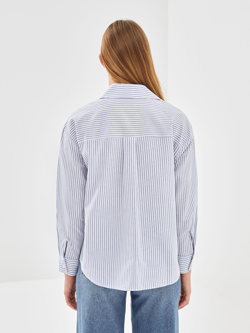 Mavi Çizgili İpliği Boyalı Kadın Gömlek-1