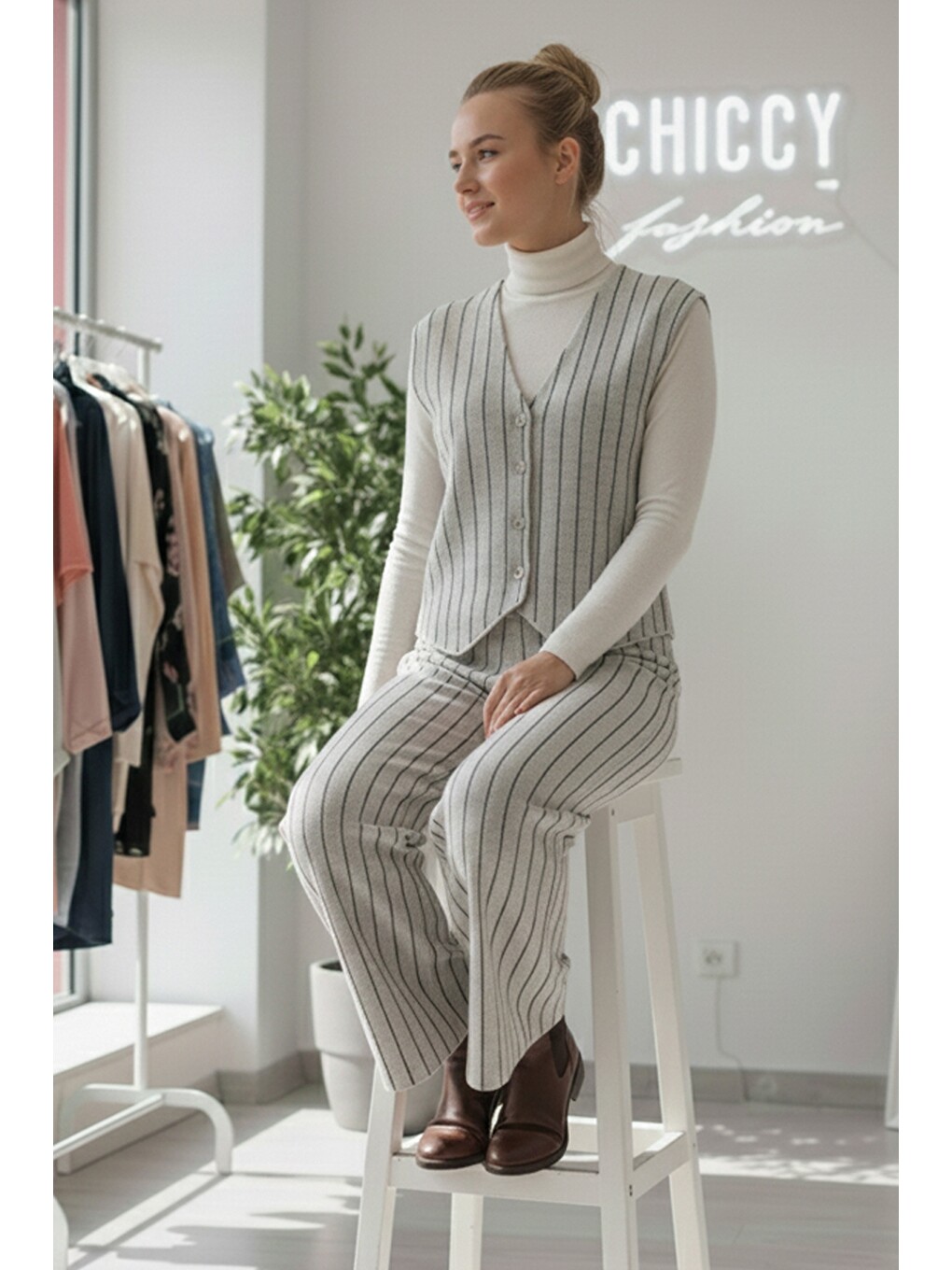 Bej V Yaka Kolsuz Çizgili Lastikli Bel Casual Oversize Triko Yelek Pantolon Takım 55-110 55-55-2