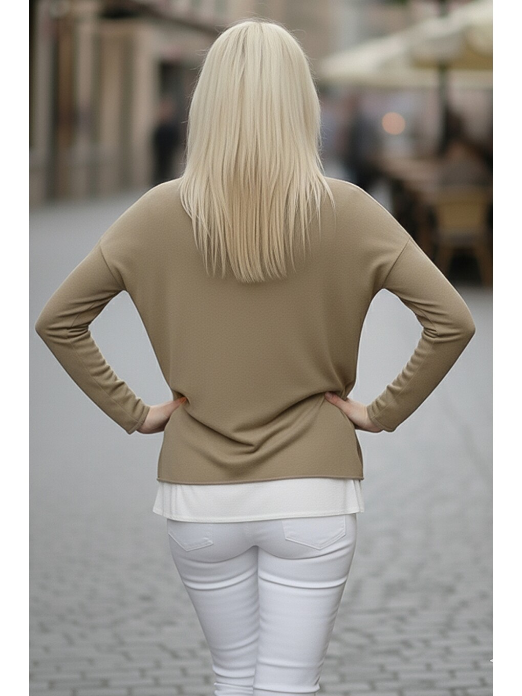Bej Havuz Yaka Uzun Kol İnce İkili Set Kolyeli Casual Oversize Triko Bluz 70 74-2