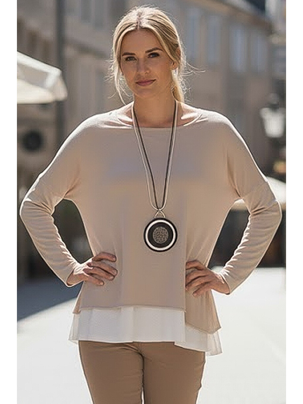 Bej Havuz Yaka Uzun Kol İnce İkili Set Kolyeli Casual Oversize Triko Bluz 70 74-3