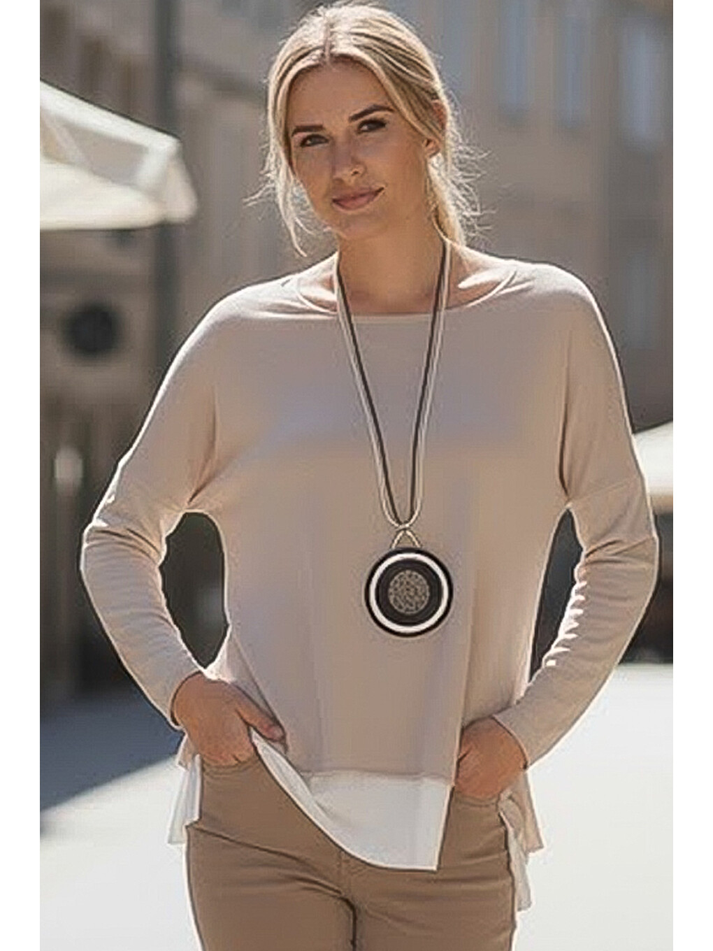 Bej Havuz Yaka Uzun Kol İnce İkili Set Kolyeli Casual Oversize Triko Bluz 70 74-4