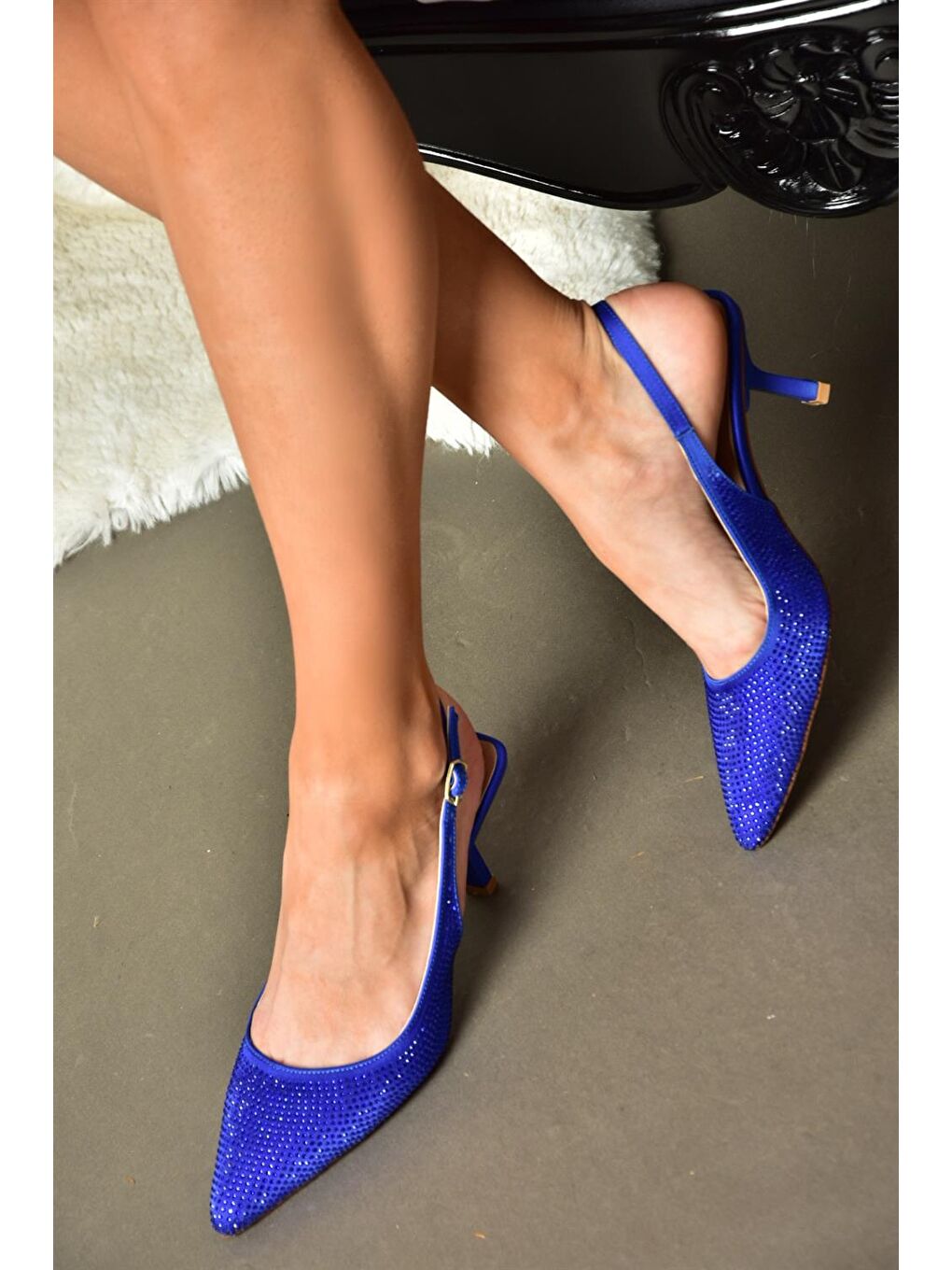 P820262004 Saks Mavi Kumaş Taşlı İnce Topuklu Kadın Abiye Ayakkabı-4