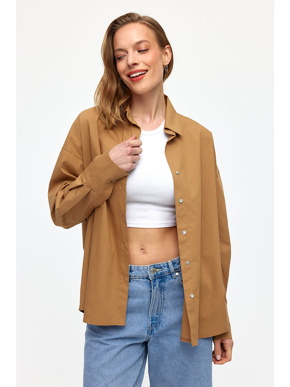 Kahverengi Düz Renk Doğal Kumaşlı Gömlek-1