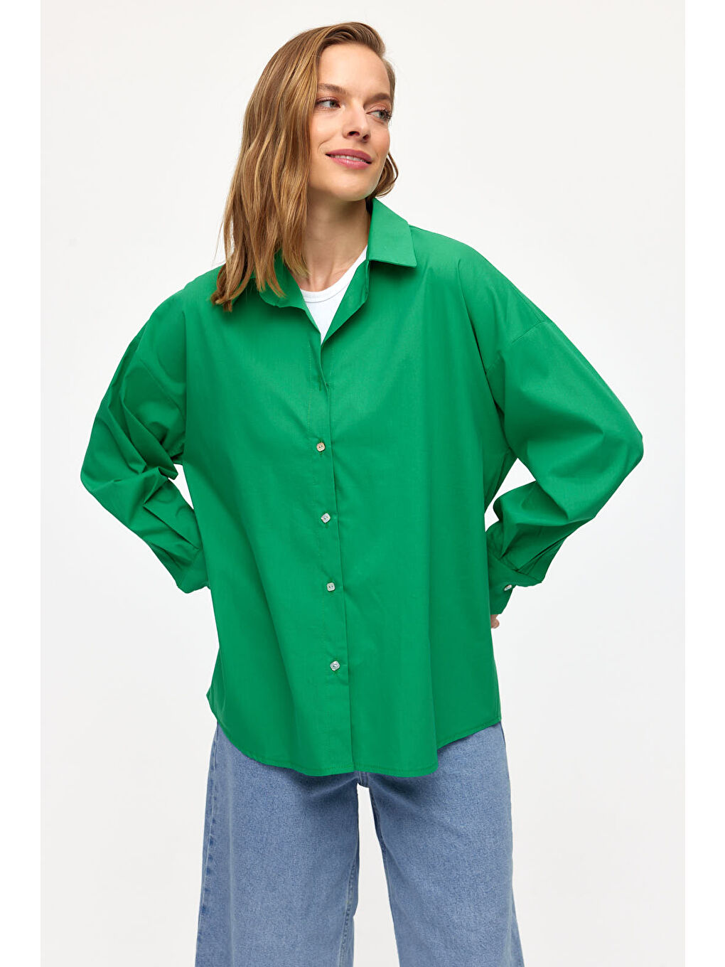 Yeşil Düz Renk Doğal Kumaşlı Gömlek-2