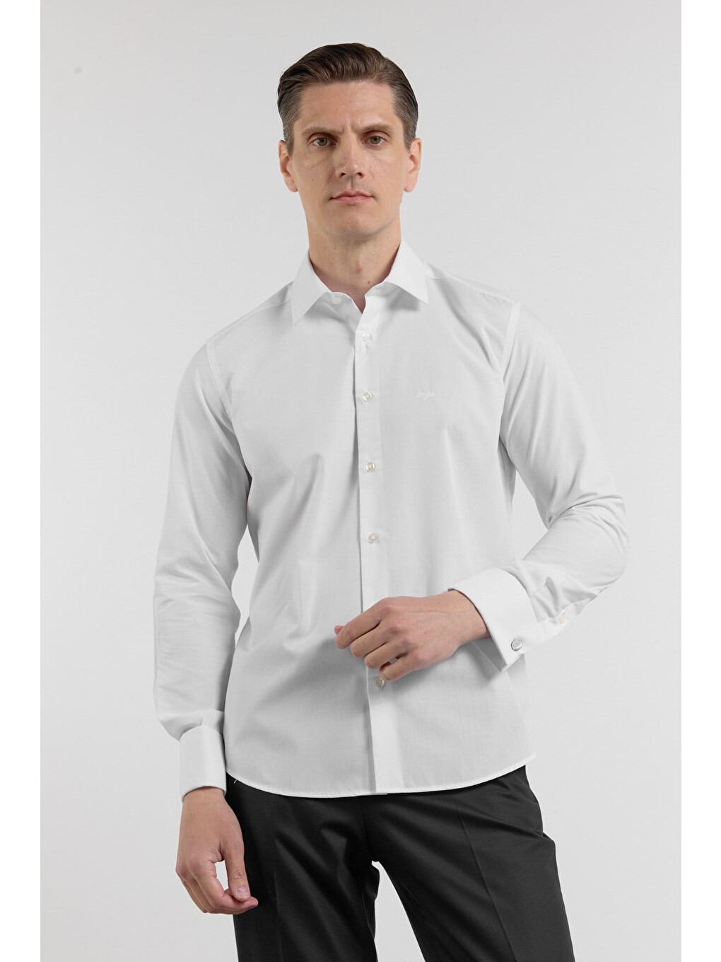Beyaz Uzun Kol Sert Yaka Düz Pamuklu Slim Fit Gömlek 1004260059-2