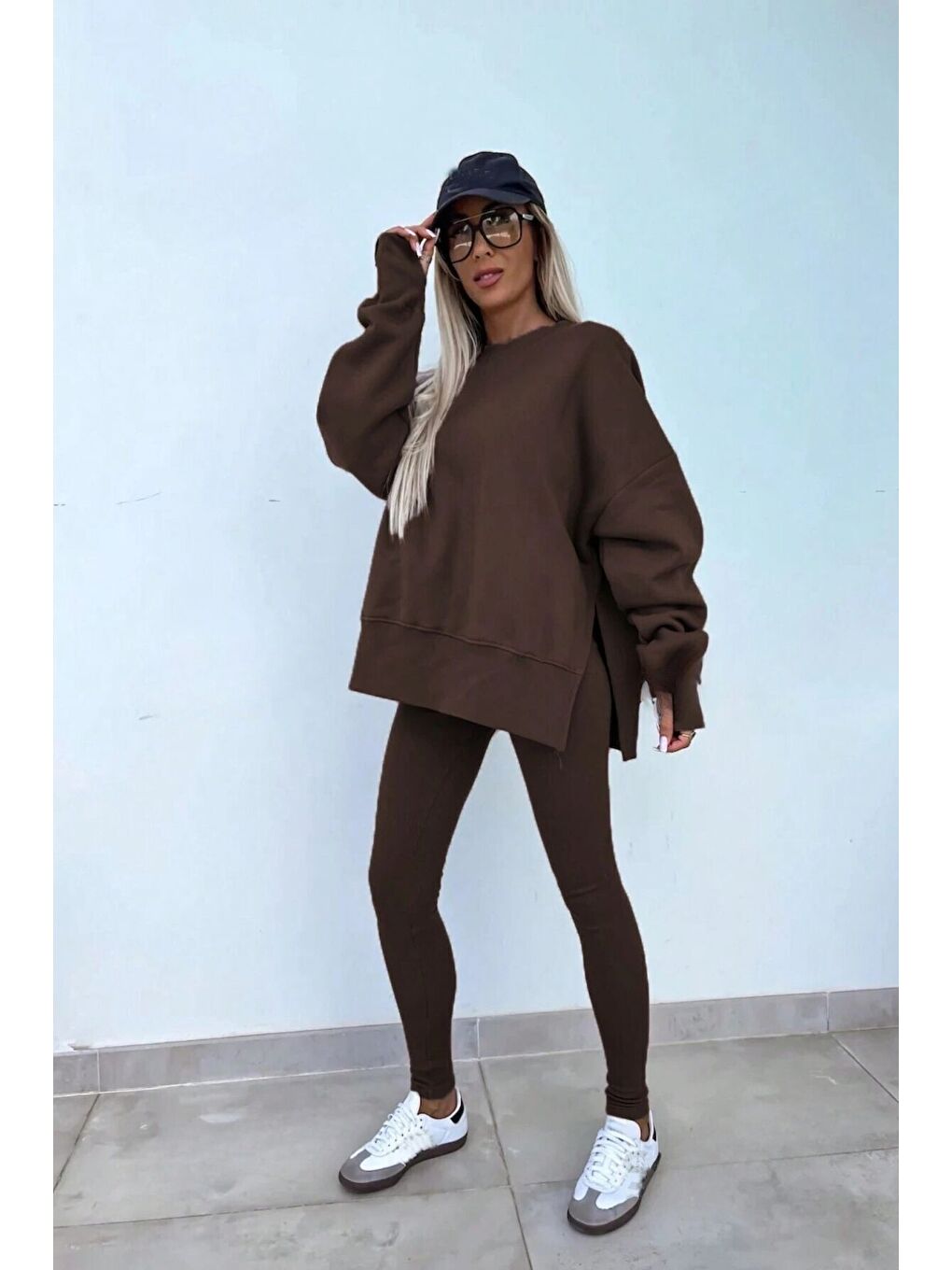 Kadın Kahverengi Yırtmaç Detay Bisiklet Yaka Alt Üst Taytlı Eşofman Takım