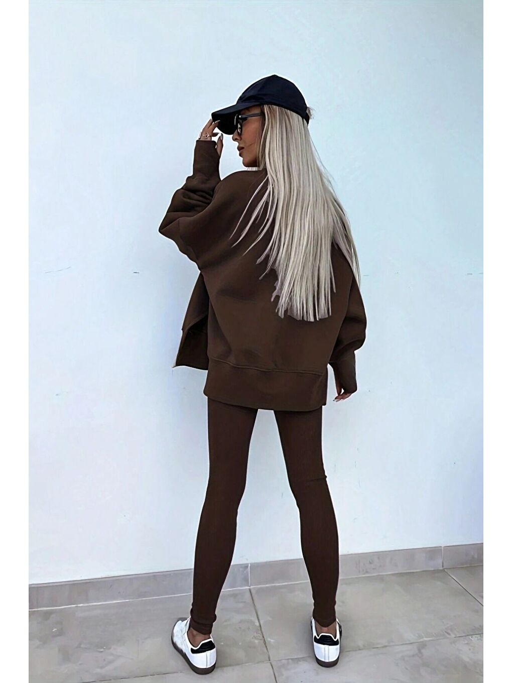 Kadın Kahverengi Yırtmaç Detay Bisiklet Yaka Alt Üst Taytlı Eşofman Takım-1