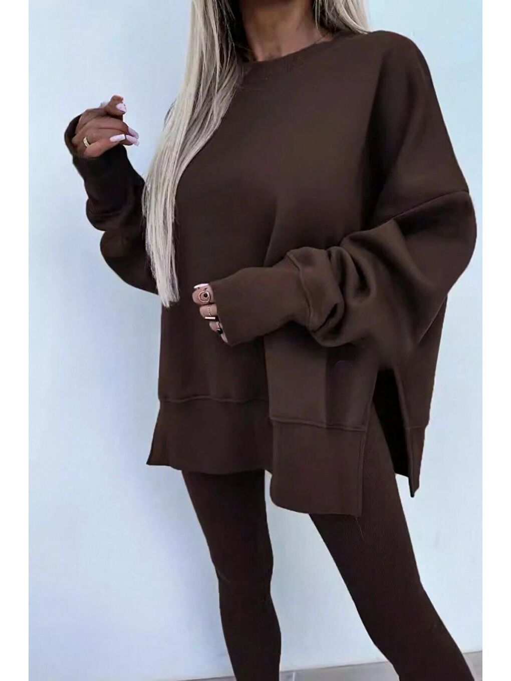 Kadın Kahverengi Yırtmaç Detay Bisiklet Yaka Alt Üst Taytlı Eşofman Takım-4