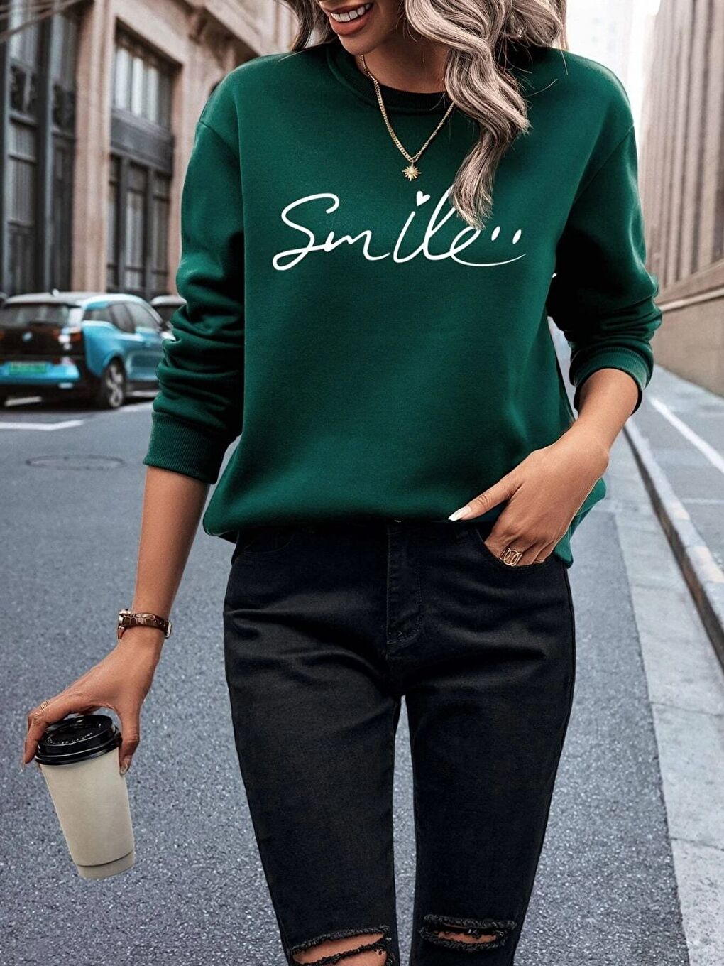 Kadın Nefti Yeşil Smile Baskı Bisiklet Yaka Oversize Sweatshirt