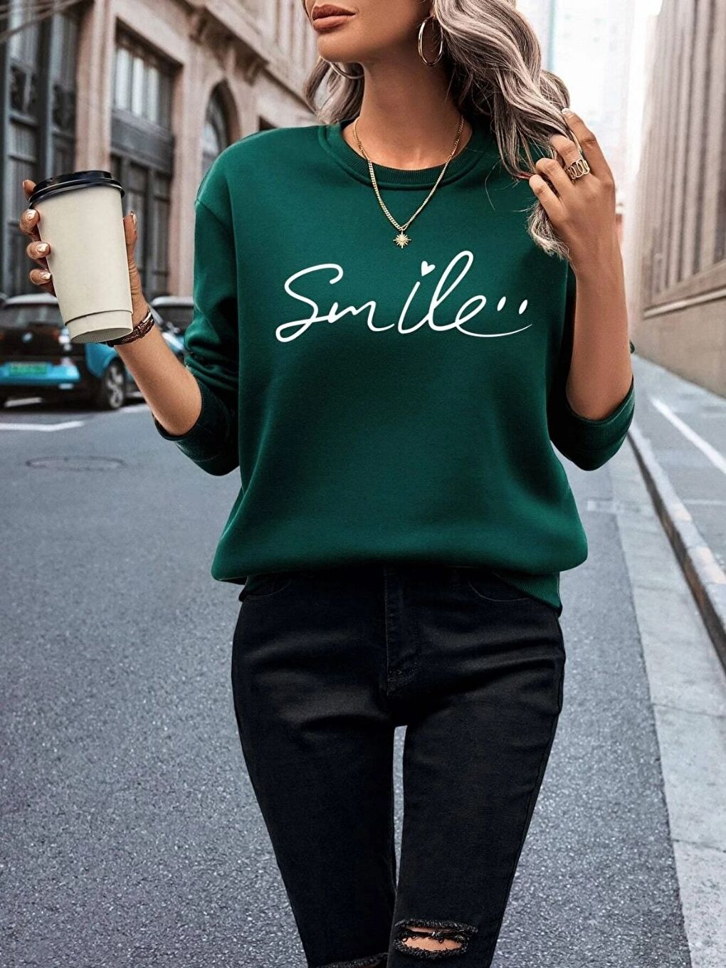 Kadın Nefti Yeşil Smile Baskı Bisiklet Yaka Oversize Sweatshirt-1