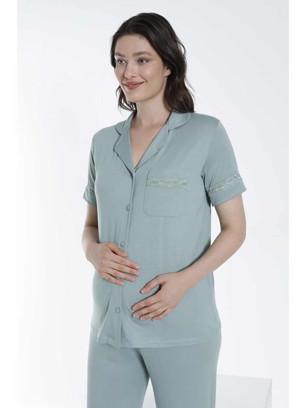 Yeşil Önden Düğmeli Dantel Detaylı Hamile ve Lohusa Pijama Takımı-5