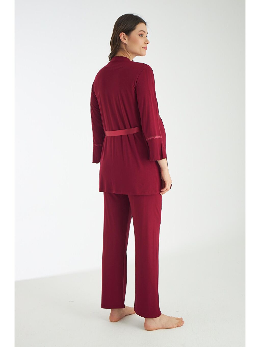 Bordo Dantel Detaylı 3lü Sabahlıklı Hamile Ve Lohusa Pijama Takımı-1