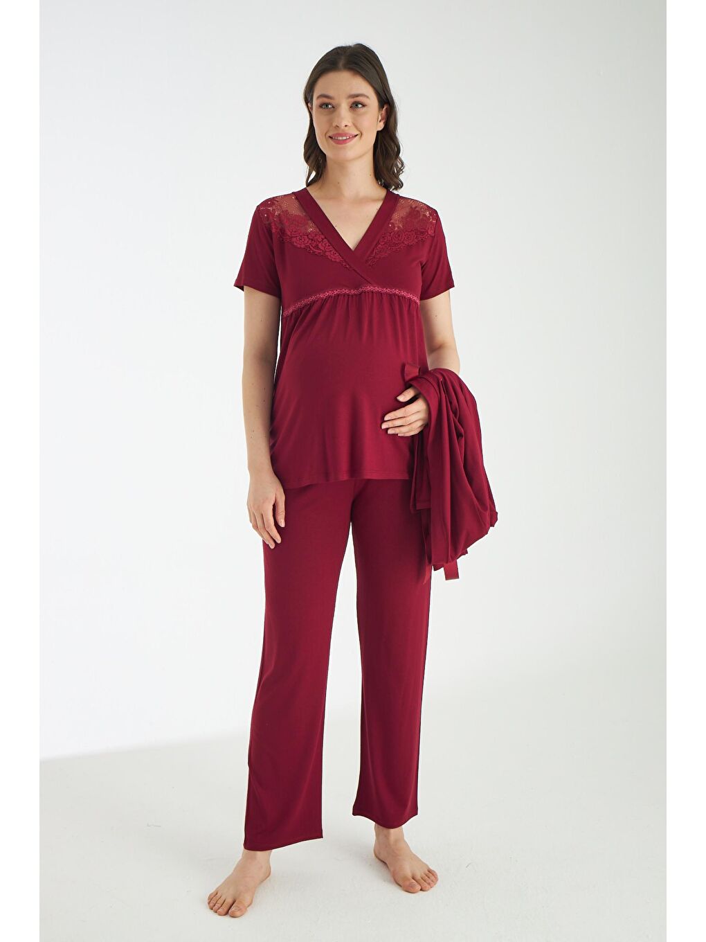 Bordo Dantel Detaylı 3lü Sabahlıklı Hamile Ve Lohusa Pijama Takımı-2