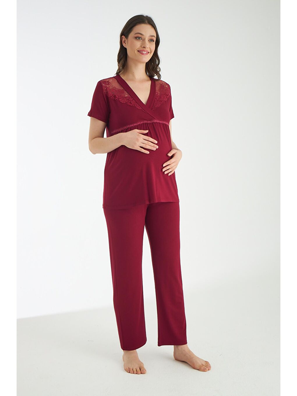 Bordo Dantel Detaylı 3lü Sabahlıklı Hamile Ve Lohusa Pijama Takımı-3