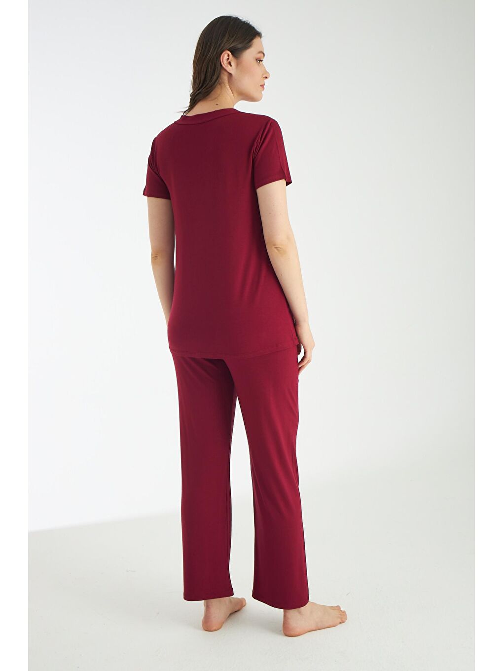 Bordo Dantel Detaylı 3lü Sabahlıklı Hamile Ve Lohusa Pijama Takımı-5